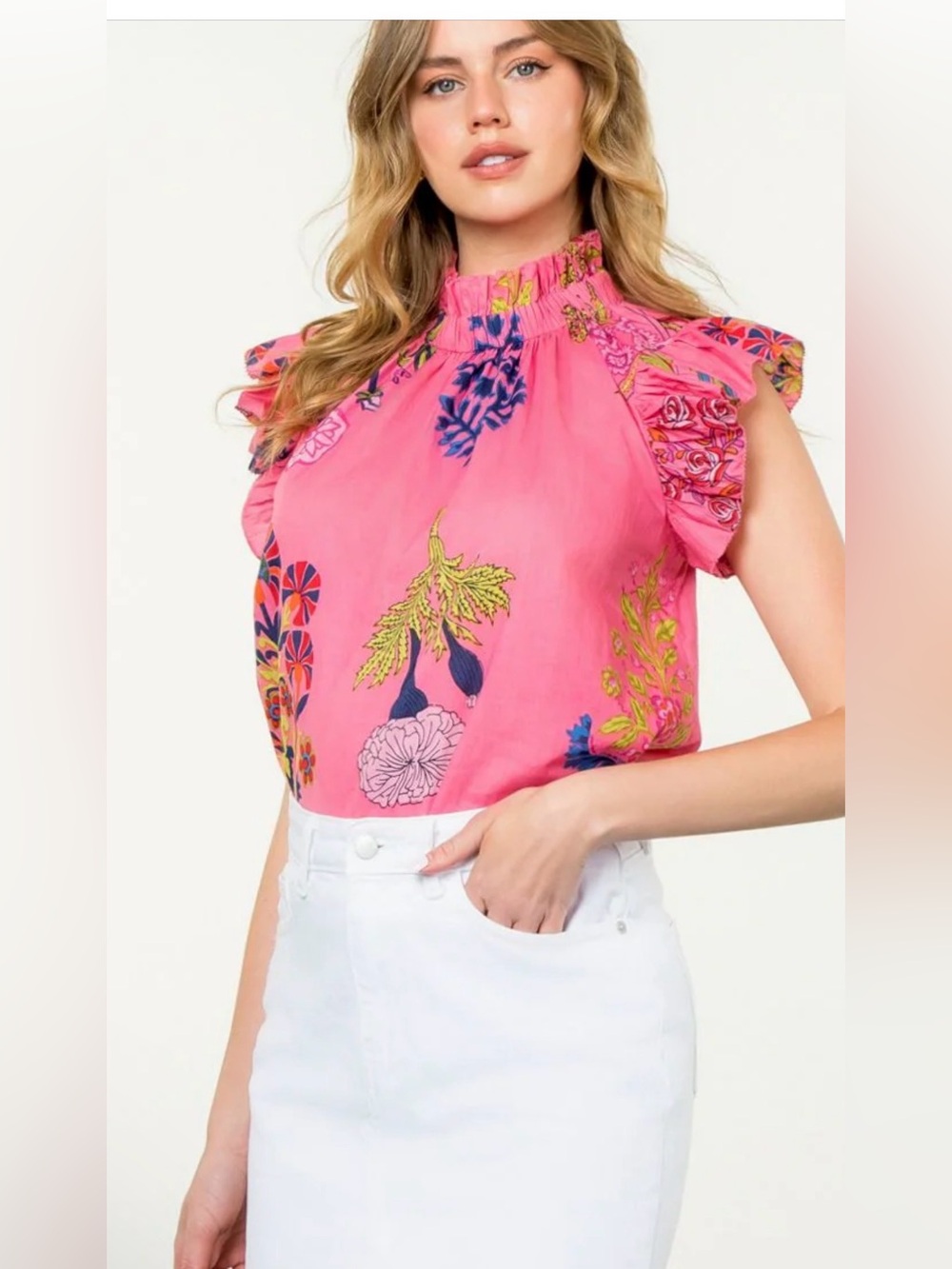 Floral Ruffle Sleeve Pink Blouse